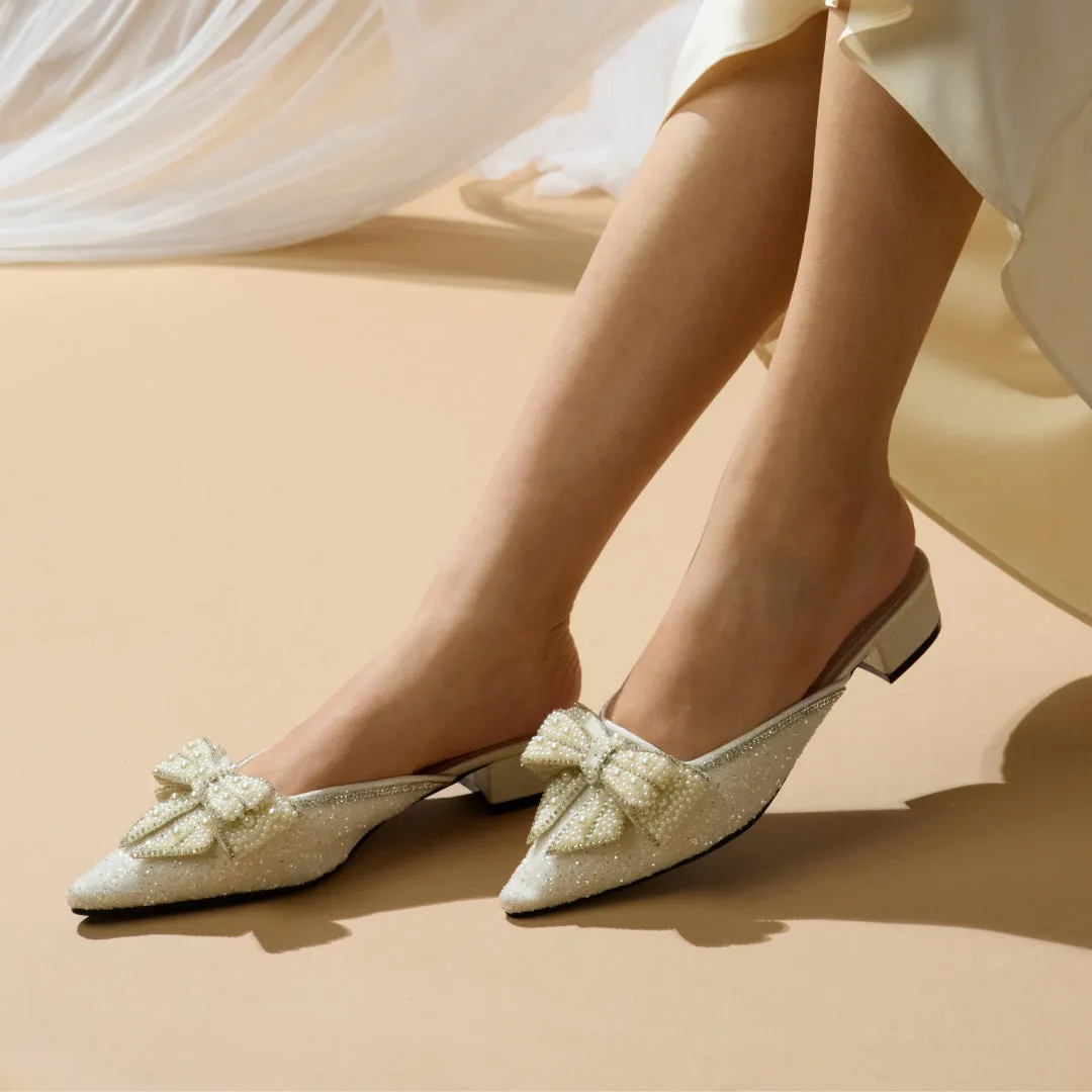 White Pearl Bow Mules