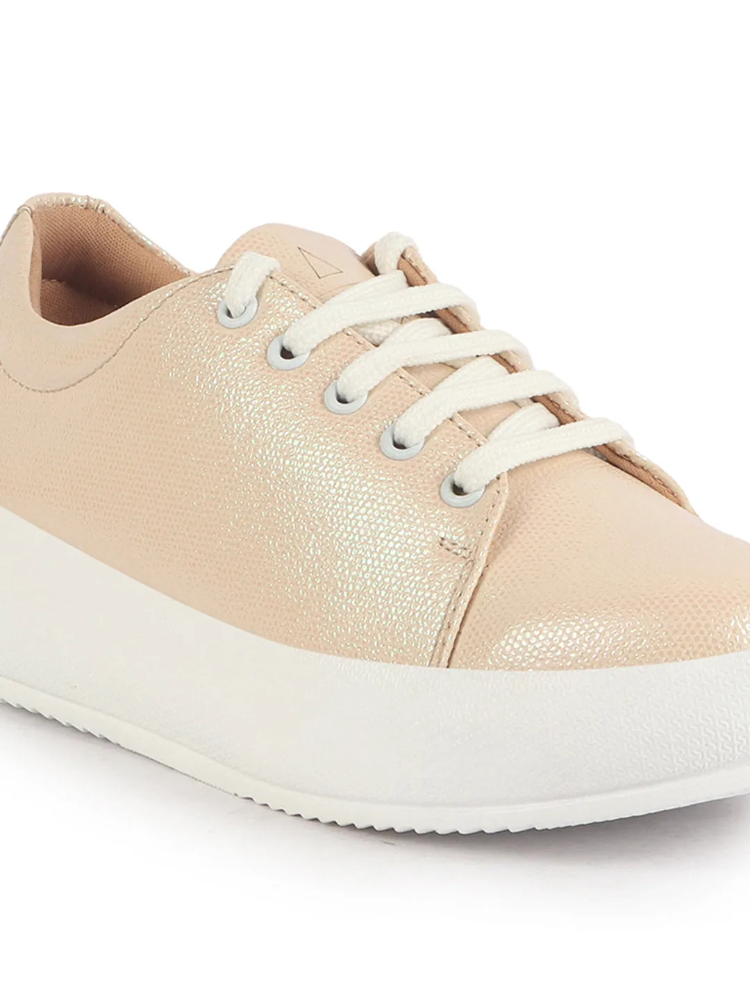 Women Beige Lightweight Height Enhancer Shiny Chunky Lace-Up Sneakers|Memory Cushion Insole|Evening Party Shoe