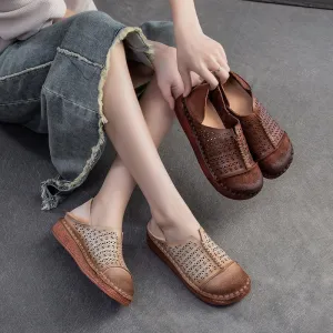 Women Handmade Leather Loafers Mori Girl Shoes Round Toe Retro Flat Shoes Apricot/Coffee