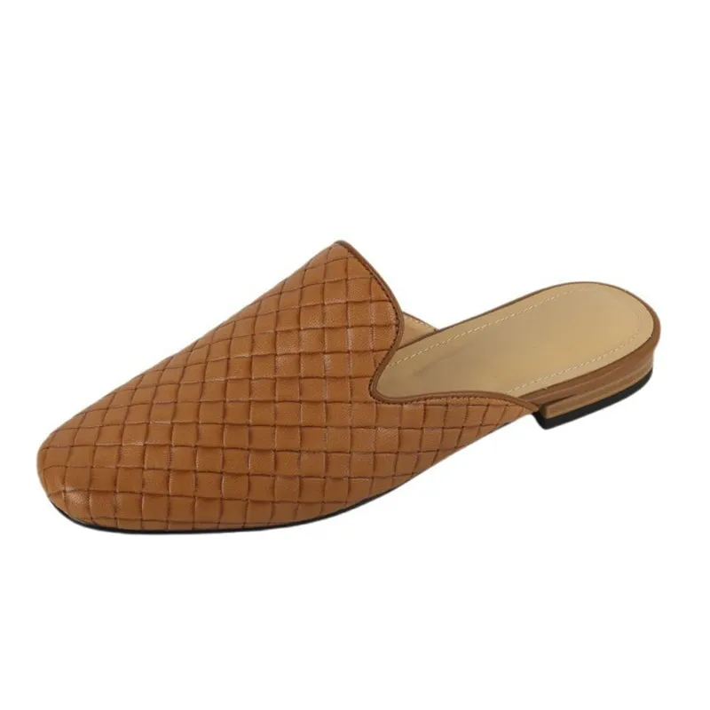 Woven Leather Mules for Women Backless Loafers in Black/Apricot