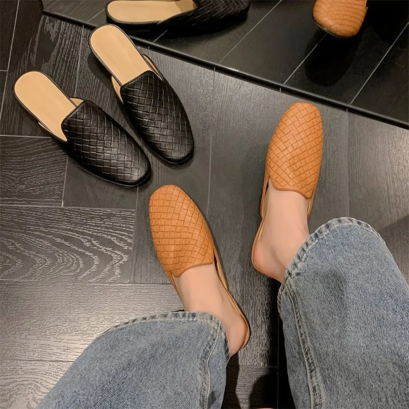 Woven Leather Mules for Women Backless Loafers in Black/Apricot