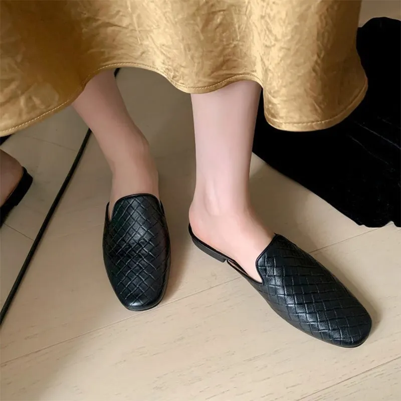 Woven Leather Mules for Women Backless Loafers in Black/Apricot