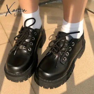 Xajzpa - Black Vintage Shoes Women autumn Fashion Comfortable Lace Up Platform Oxford Loafers Casual Boat Shoes Lolita Shoes Platform